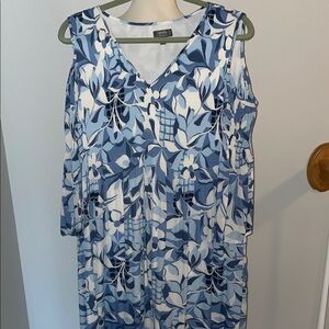 Blue and White Floral Cold Shoulder Dress